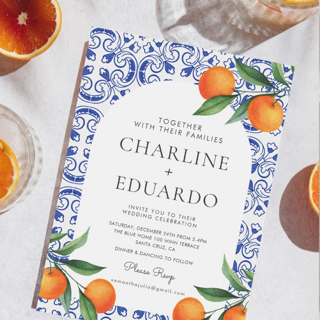 Convite Código QR de Casamento Mediterrâneo em Azulejo Aqu (Criador carregado)