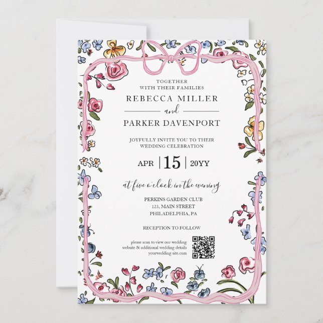 Convite Código QR de Casamento Moderno de primavera floral (Frente)