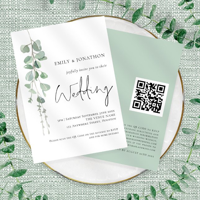 Convite Código QR de Casamento Moderno Eucalyptus Elegant  (Front and back view)