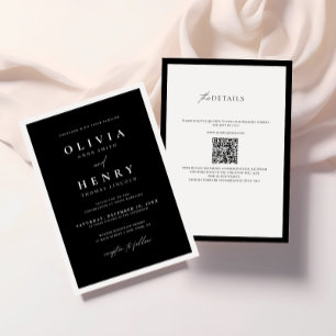 Convite Código QR de Casamento Moderno Mínimo Preto e Bran