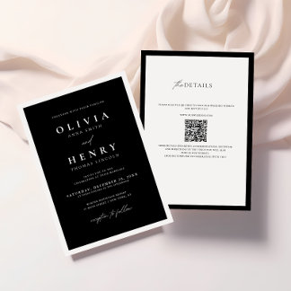 Convite Código QR de Casamento Moderno Mínimo Preto e Bran