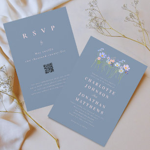 Convite Código QR de Casamento Moderno Rosa Azul Empoeirad