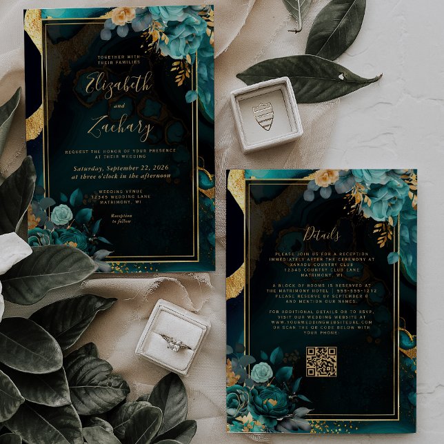 Convite Código QR de Casamento Moldura Dourada Ágata Azul  (Criador carregado)