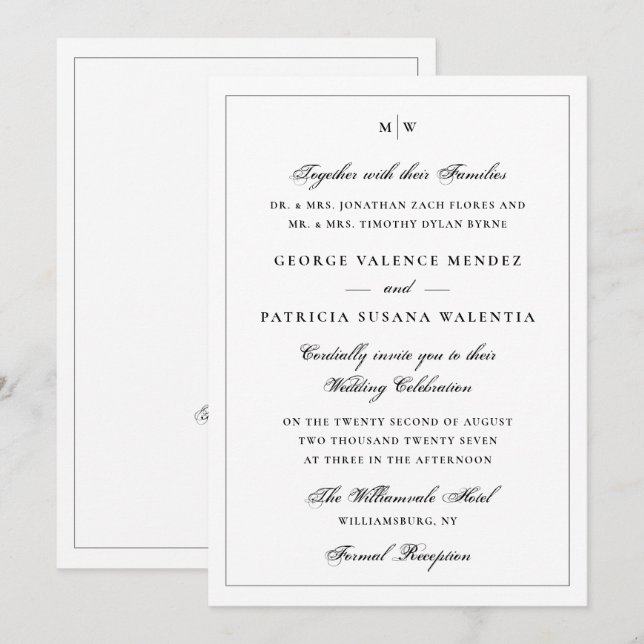 Convite Código QR de Casamento Monograma Branco Clássico (Frente/Verso)