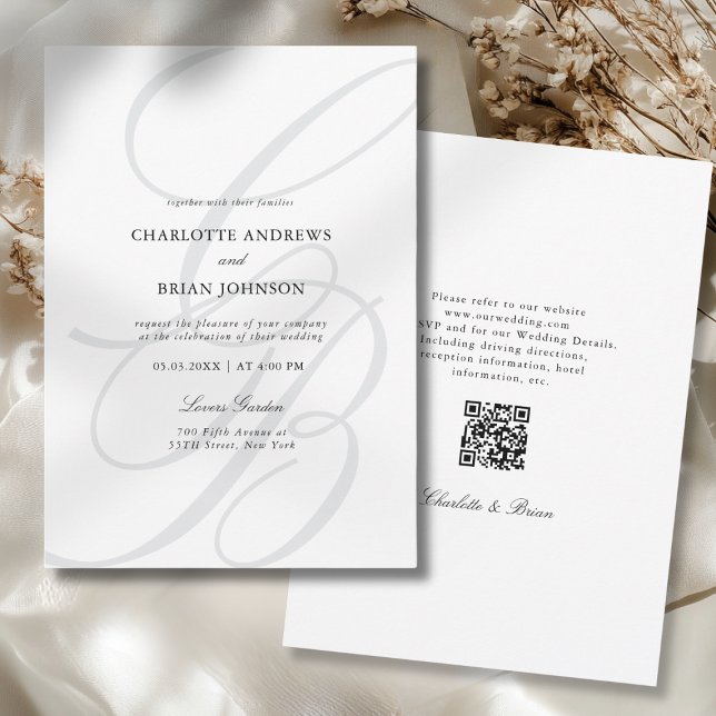 Convite Código QR de Casamento Monograma Fonte Minimalista (Minimalist Script Font Monogram QR Code Wedding Invitation)