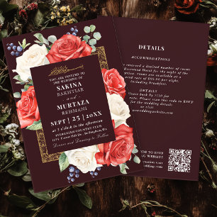 Convite Código QR de Casamento Muçulmano da Borgonha Flora