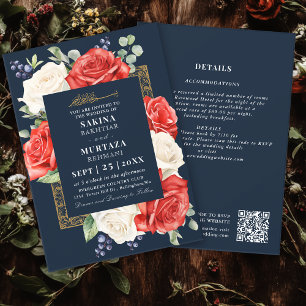 Convite Código QR de Casamento Muçulmano Floral Azul Elega