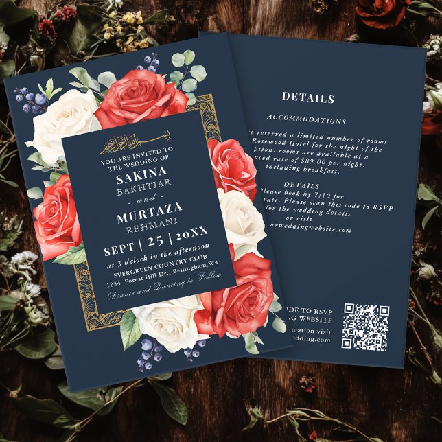 Convite Código QR de Casamento Muçulmano Floral Azul Elega (Criador carregado)