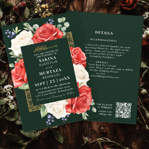 Convite Código QR de Casamento Muçulmano Verde Floral Eleg