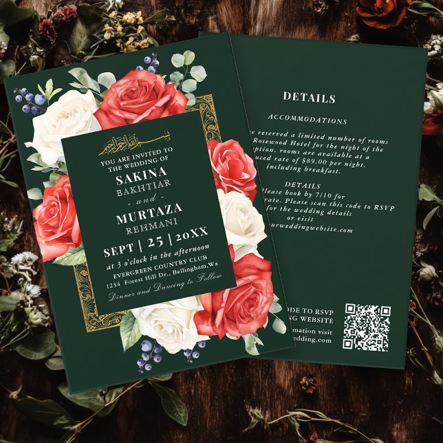 Convite Código QR de Casamento Muçulmano Verde Floral Eleg (Criador carregado)