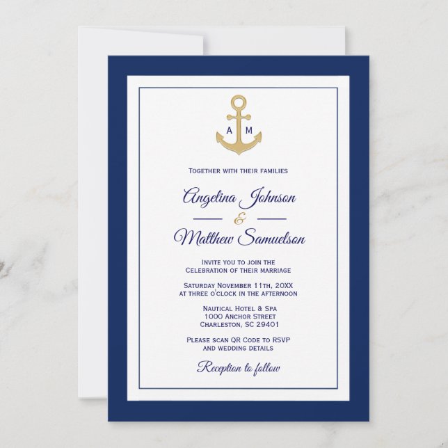 Convite Código QR de Casamento Náutico Dourado Azul Elegan (Frente)
