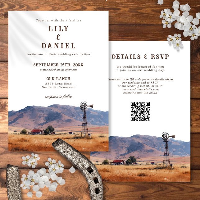 Convite Código QR de Casamento no Rancho Montanhoso Ociden (Watercolor Western Mountain Ranch QR Code Wedding Invitation)