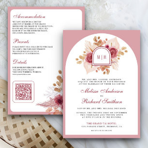 Convite Código QR de Casamento Pampas Floral Rosa Granada