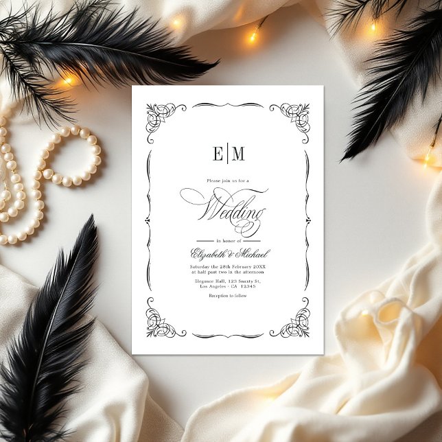 Convite Código QR de Casamento Preto e Branco Monograma El (Elegant Monogrammed Black & White Wedding QR Code Invitation)