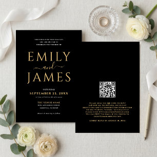 Convite Código QR de casamento preto elegante dourado e br
