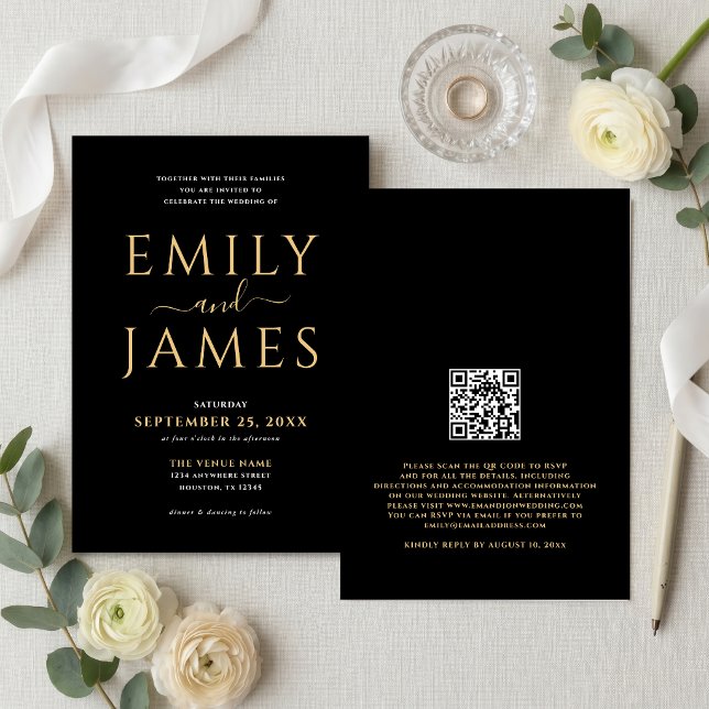 Convite Código QR de casamento preto elegante dourado e br (Criador carregado)