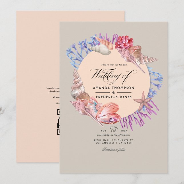 Convite Código QR de Casamento RSVP Praia Arenosa (Frente/Verso)