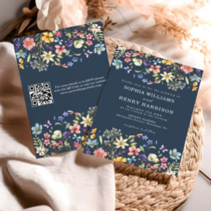 Convite Código QR de Casamento Rústico Azul Naval Flor Sil