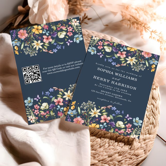 Convite Código QR de Casamento Rústico Azul Naval Flor Sil (Criador carregado)