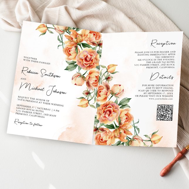 Convite Código QR de Casamento Rústico Terroso Floral Pêss (Criador carregado)