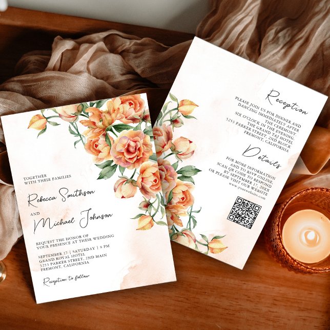 Convite Código QR de Casamento Rústico Terroso Floral Pêss (Criador carregado)