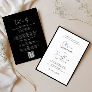 Convite Código QR de Casamento Script Borda Preta e Branca