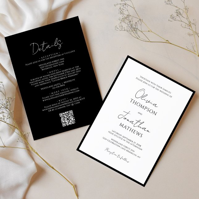 Convite Código QR de Casamento Script Borda Preta e Branca (Criador carregado)