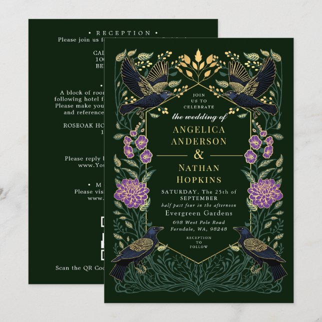 Convite Código QR de Casamento Snapdragon Corvo Gótico Enc (Frente/Verso)