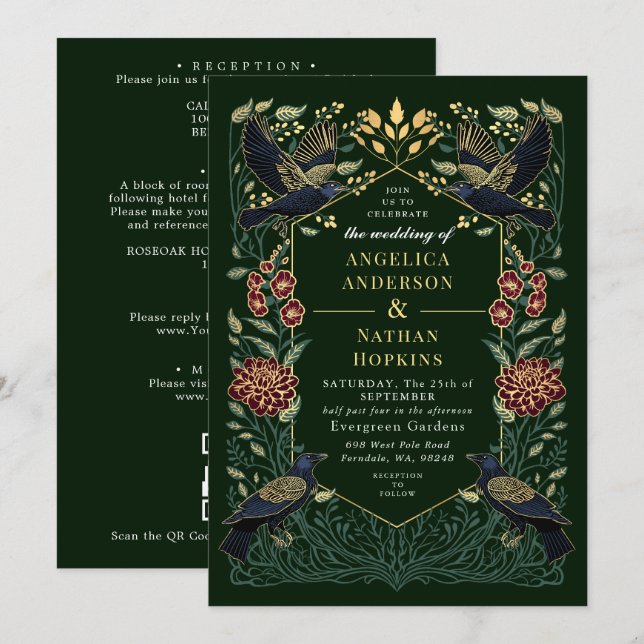 Convite Código QR de casamento Snapdragon Corvo Gótico Enc (Frente/Verso)