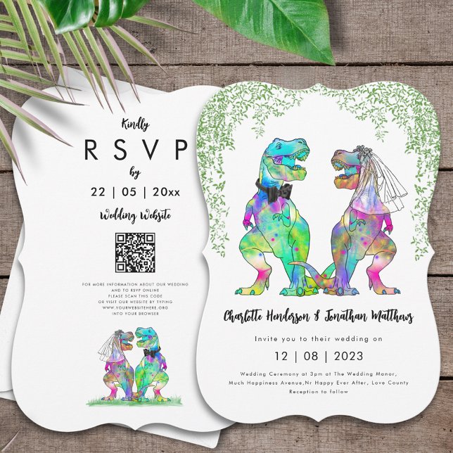 Convite Código QR de Casamento Temático de Dinossauros (Colorful dinosaur wedding invitation with T-Rex bride and groom and online RSVP website QR code)