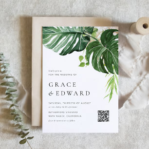 Convite Código QR de Casamento Tropical Monstera Aquarela