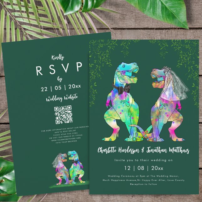 Convite Código QR de casamento verde com tema de dinossaur (Colorful T-Rex bride and groom dinosaur wedding dark green rsvp qr code invitation Eucalyptus )