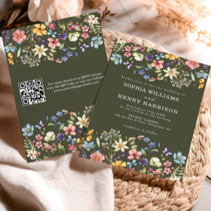 Convite Código QR de Casamento Verde de Campo Russo de Flo