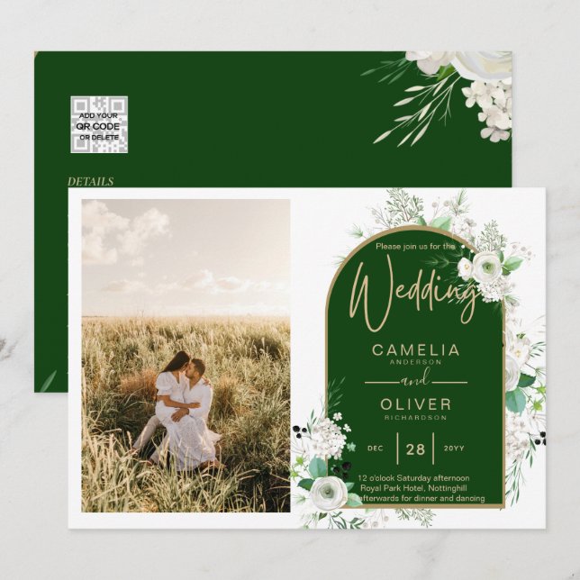 Convite Código QR de Casamento Verde de Rosas Brancas Tota (Frente/Verso)