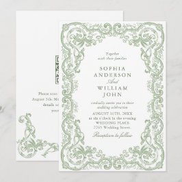 Convite Código QR de casamento verde sage ornamentado rena