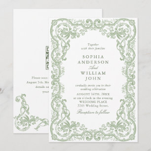 Convite Código QR de casamento verde sage ornamentado rena