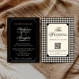 Convite Código QR de casamento vintage em xadrez preto est