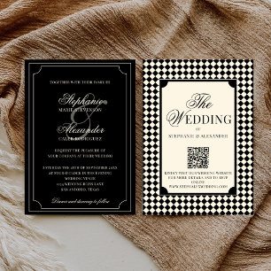 Convite Código QR de casamento vintage em xadrez preto est