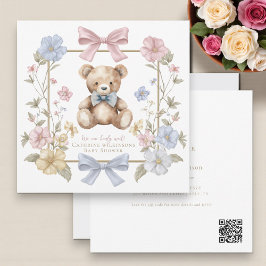 Convite Código QR de chá de bebê do ursinho floral pastel