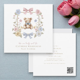 Convite Código QR de Chá de Bebê do Urso de Pelúcia Floral