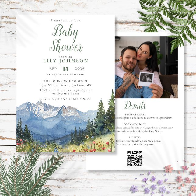 Convite Código QR de Chá de fraldas Montanhês Tudo em Uma  (Mountain Baby Shower All In One Photo QR Code Invitation)