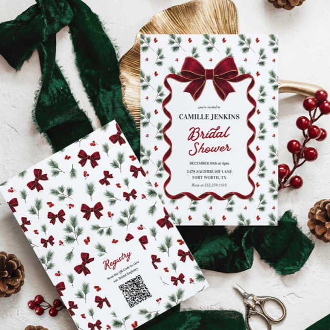 Convite Código QR de Chá de Noiva de Natal Elegante (Christmas Red Bow Bridal Shower Invitation)