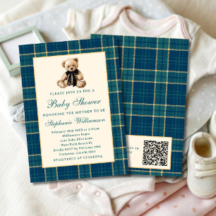 Convite Código QR de Chuveiro de Bebê do Urso Teddy Xadrez