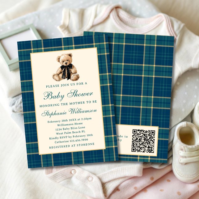 Convite Código QR de Chuveiro de Bebê do Urso Teddy Xadrez (Criador carregado)