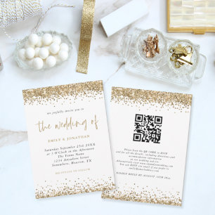 Convite Código QR de Confetes Brilhantes Dourados para Cas