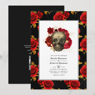 Convite Código QR de crânio floral RSVP Casamento Gótico