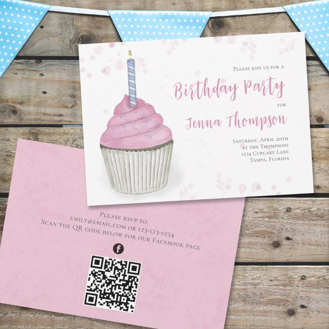 Convite Código QR de Cupcake cor-de-rosa Simples (Criador carregado)