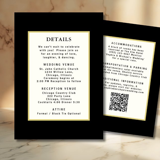 Convite Código QR de Detalhes do Casamento Dourado Preto (Criador carregado)