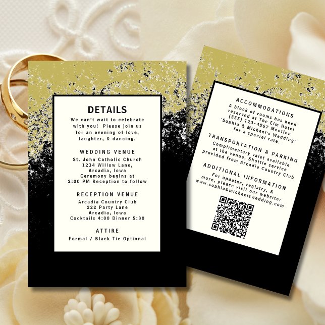 Convite Código QR de Detalhes do Casamento Dourado Preto (Criador carregado)