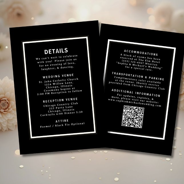 Convite Código QR de Detalhes do Casamento Preto e Branco (Criador carregado)